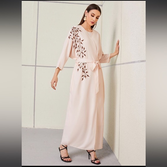 SHEIN Najma Plant Print Split Hem Belted Abaya Modest Maxi Cardigan - Picture 3 of 7